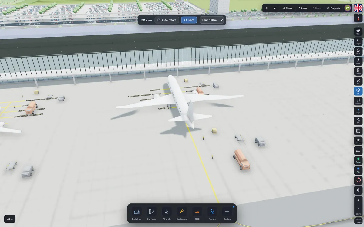 Aircraft parked on their stands with ground equipment, in 3D