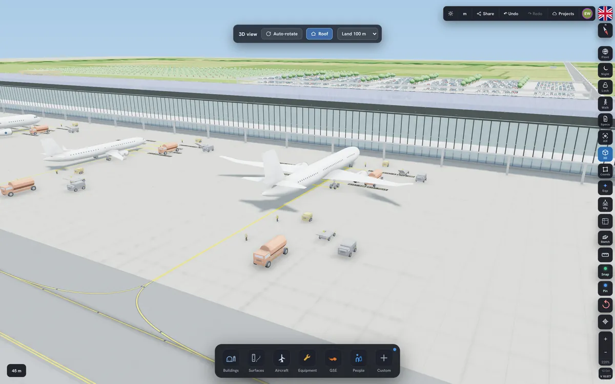 Code-F gates with boarding bridges and aircraft at the stands, in 3D