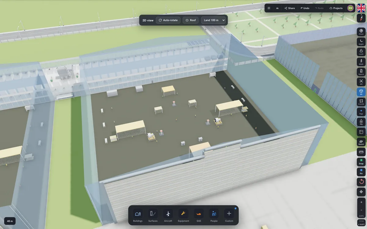 Hangar interior with workshops, stores and equipment, in 3D