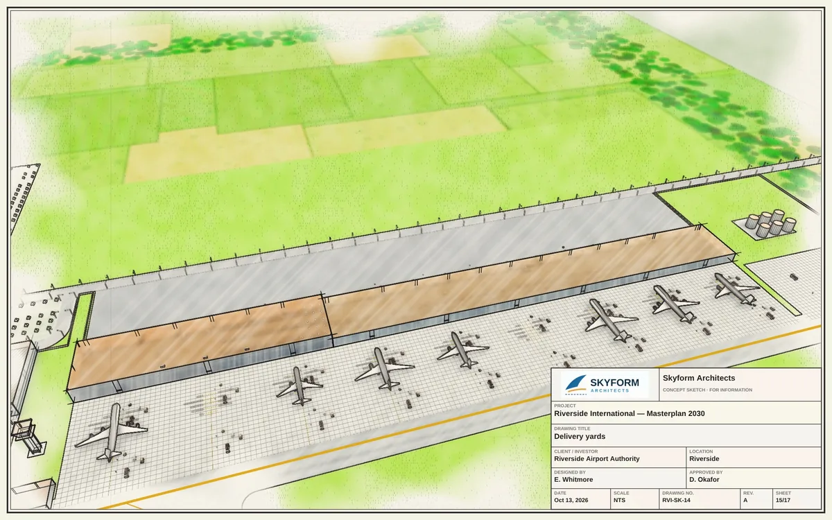 Watercolour sketch of delivery yards and aircraft stands